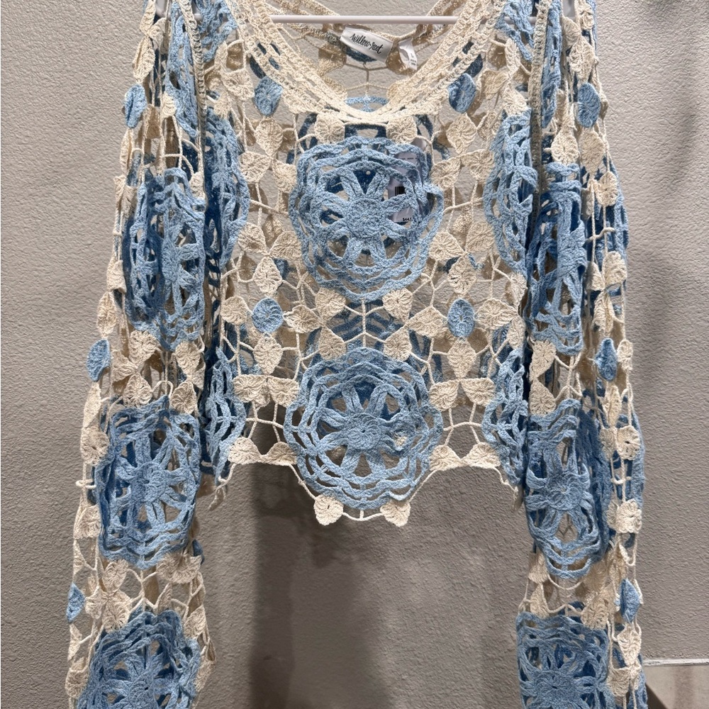 Willow + Root Blue and Cream Crochet Crop Top NWT